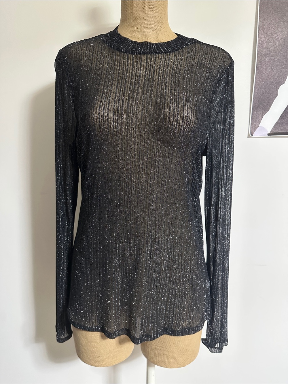 Reitmans Sheer Metallic Ribbed Long-Sleeve Top - Black